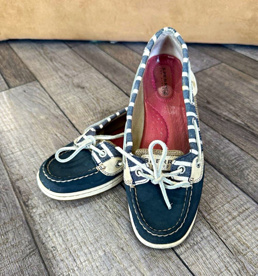 Sperry Top-Sider Women’s 7.5 Blue/White Striped Leather Lace-Up Boat Shoes